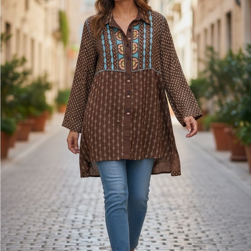 Krista Lee Brown Embroidered Long Sleeve Tunic Top Boho Size S NWT
